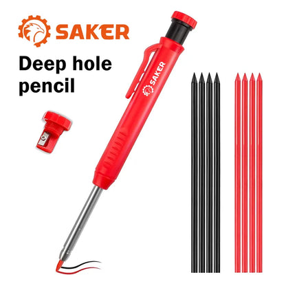 Deep hole carpenter pencil with long nose tip and built-in sharpener