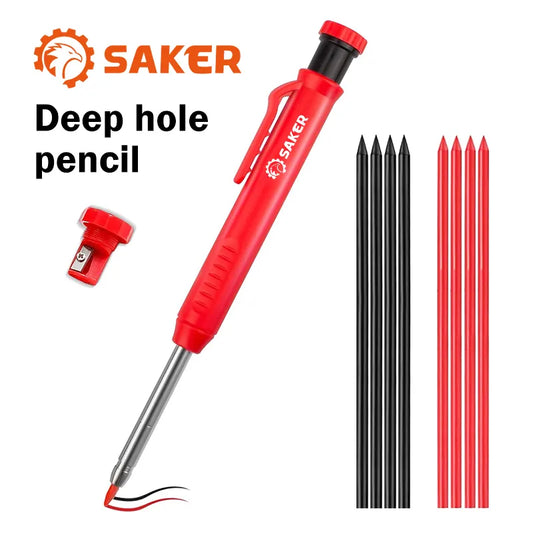 Deep hole carpenter pencil with long nose tip and built-in sharpener
