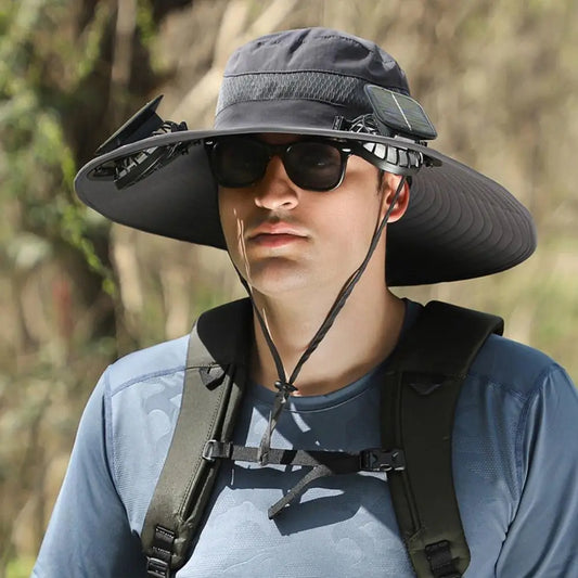 Solar fan sun hat with twin fans and wide brim