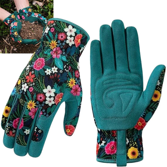 Floral print gardening gloves with reinforced grip palm