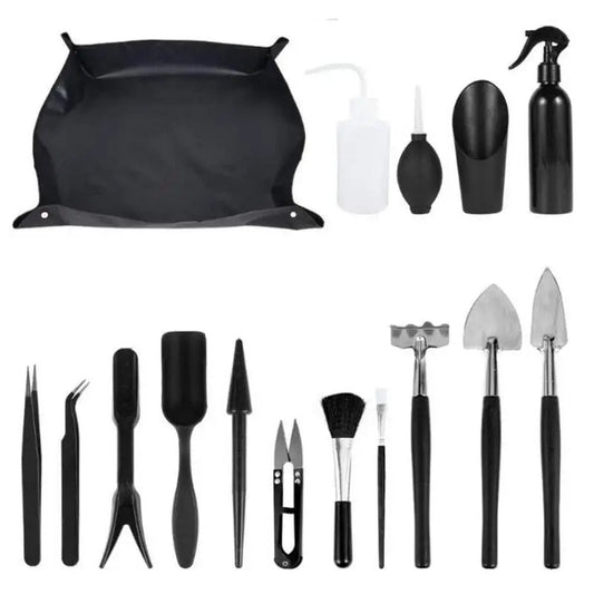 16 piece succulent planting tool kit laid out