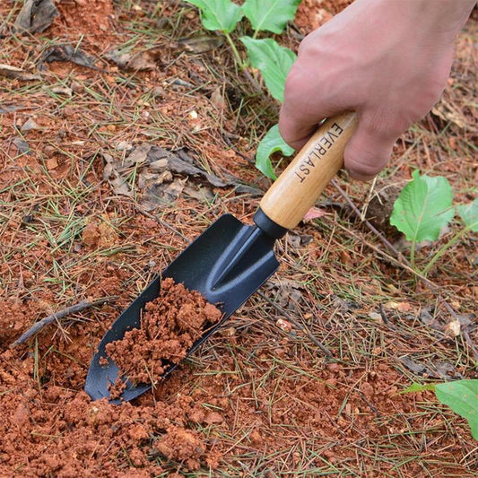 Forged carbon steel garden trowel with wooden handle